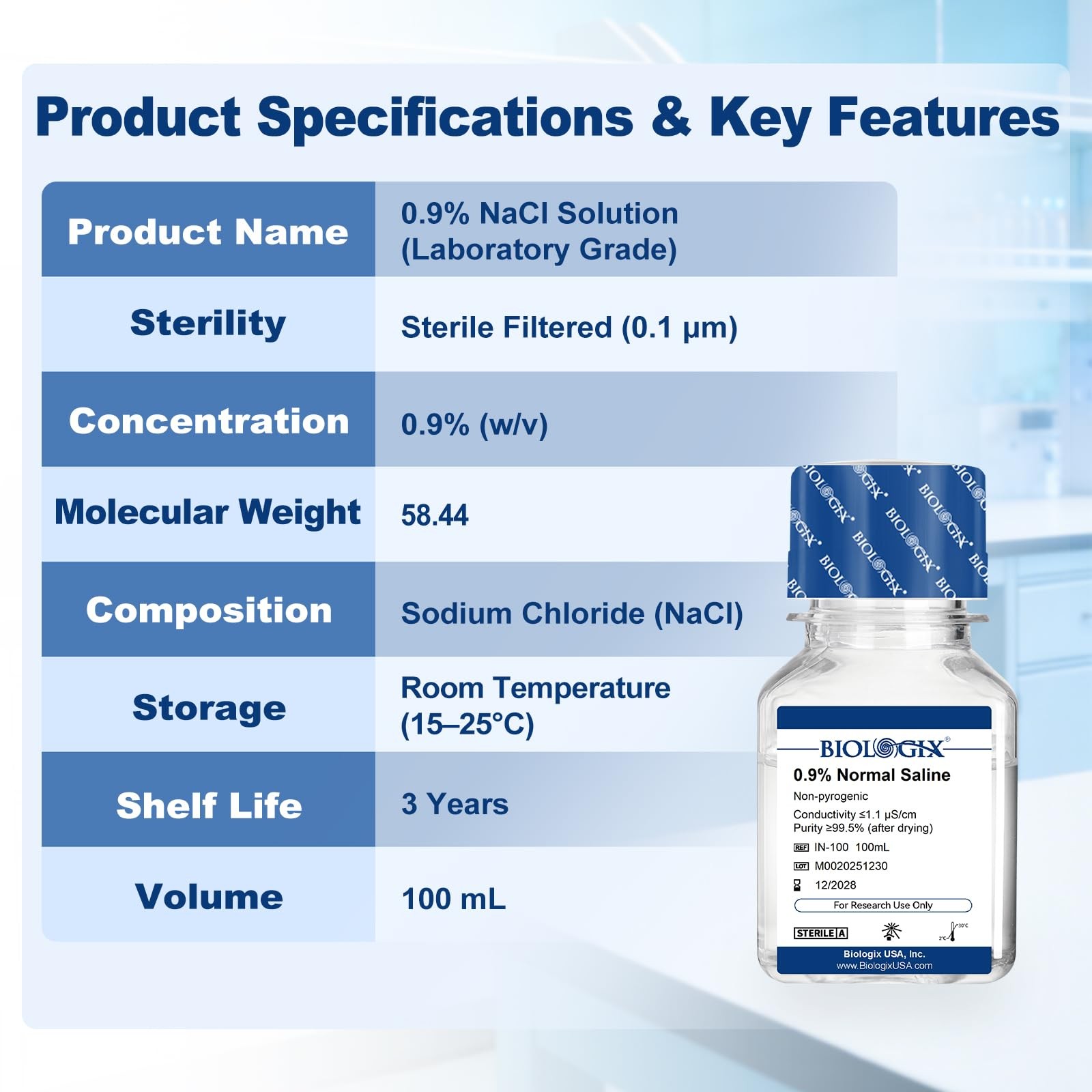 CryoKing 0.9% Normal Saline Solution, Sterile Sodium Chloride, 100mL