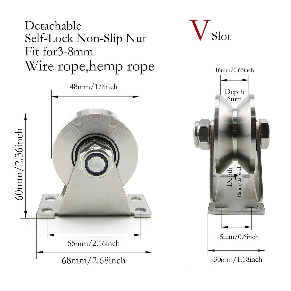 2.36» 304 Stainless Steel V Groove Pulley Rope Cable Wire Pulley w/ Holes