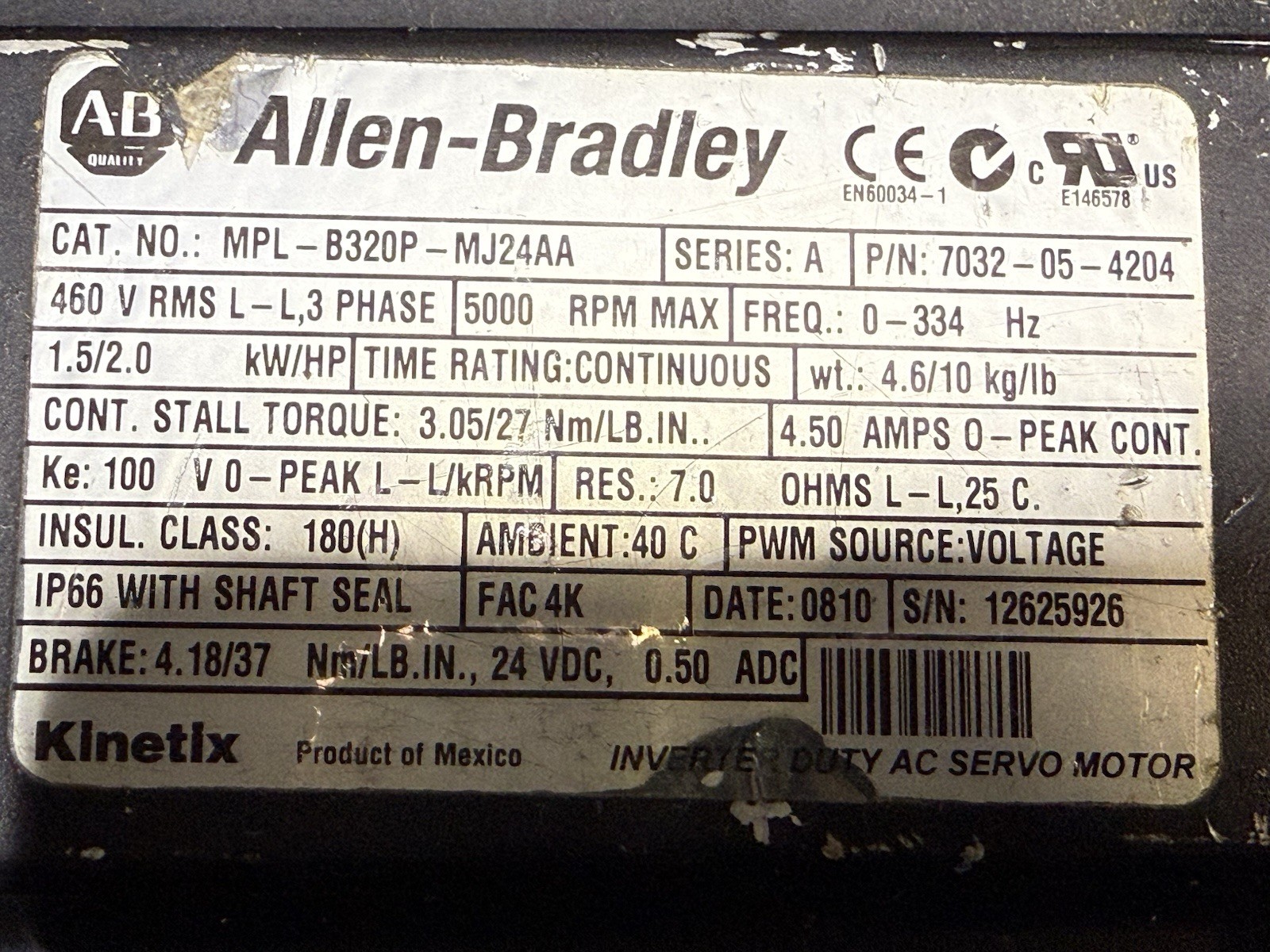 Allen Bradley MPL-A320P-MJ24AA Servo Motor 3ph 1.8hp 5000rpm 3.05nm 230v-ac