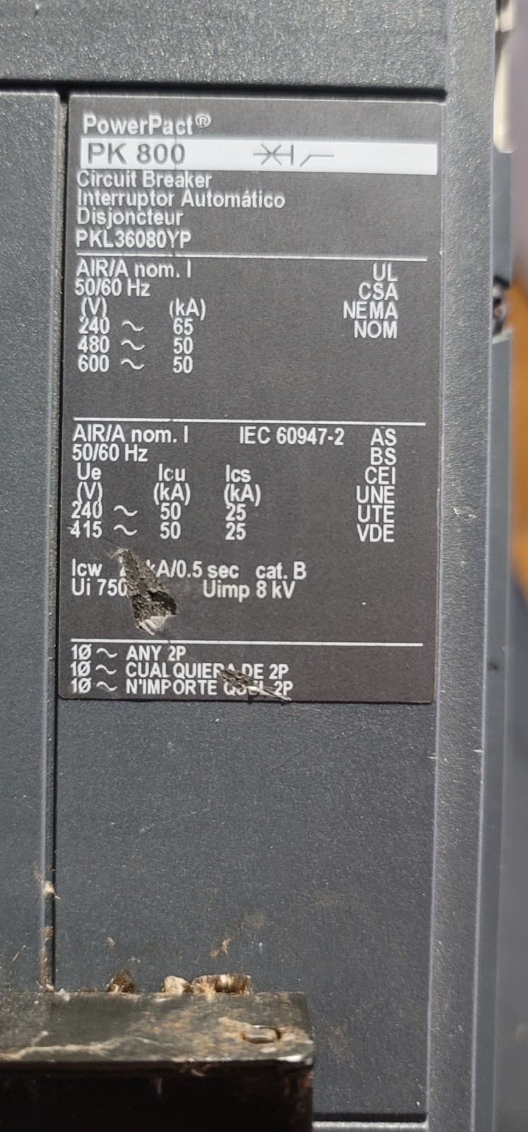 Square D Power Pact 800A P-frame Molded Case Circuit Breaker