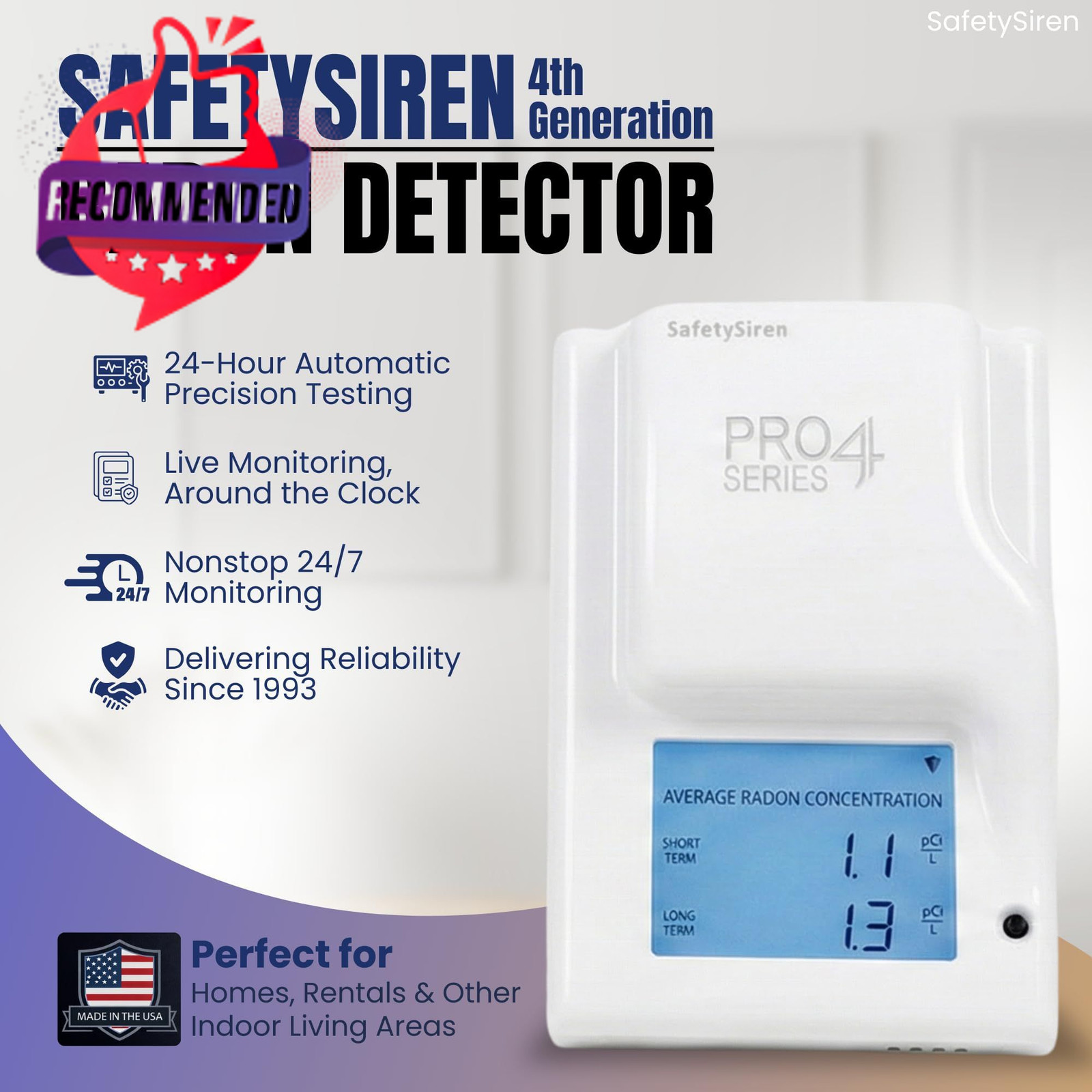 Safety Siren Pro4 Plug-in Radon Detector, Continuous Radon Gas Monitoring With