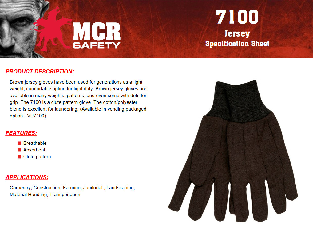 (12 Pairs) MCR Safety Brown Cotton Jersey Work Gloves, Large