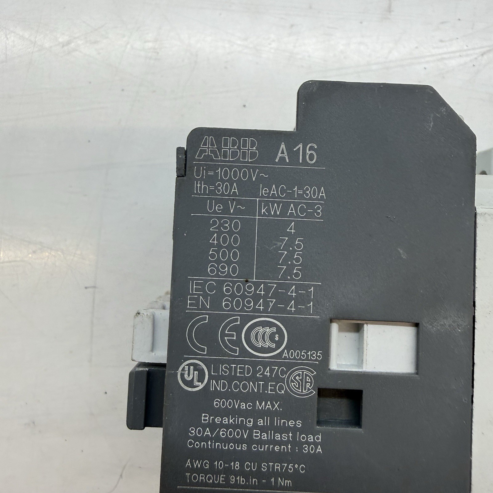 ABB A16-04-00 R84 30A Contactor 110-120V 60Hz 1SBL171101R8400