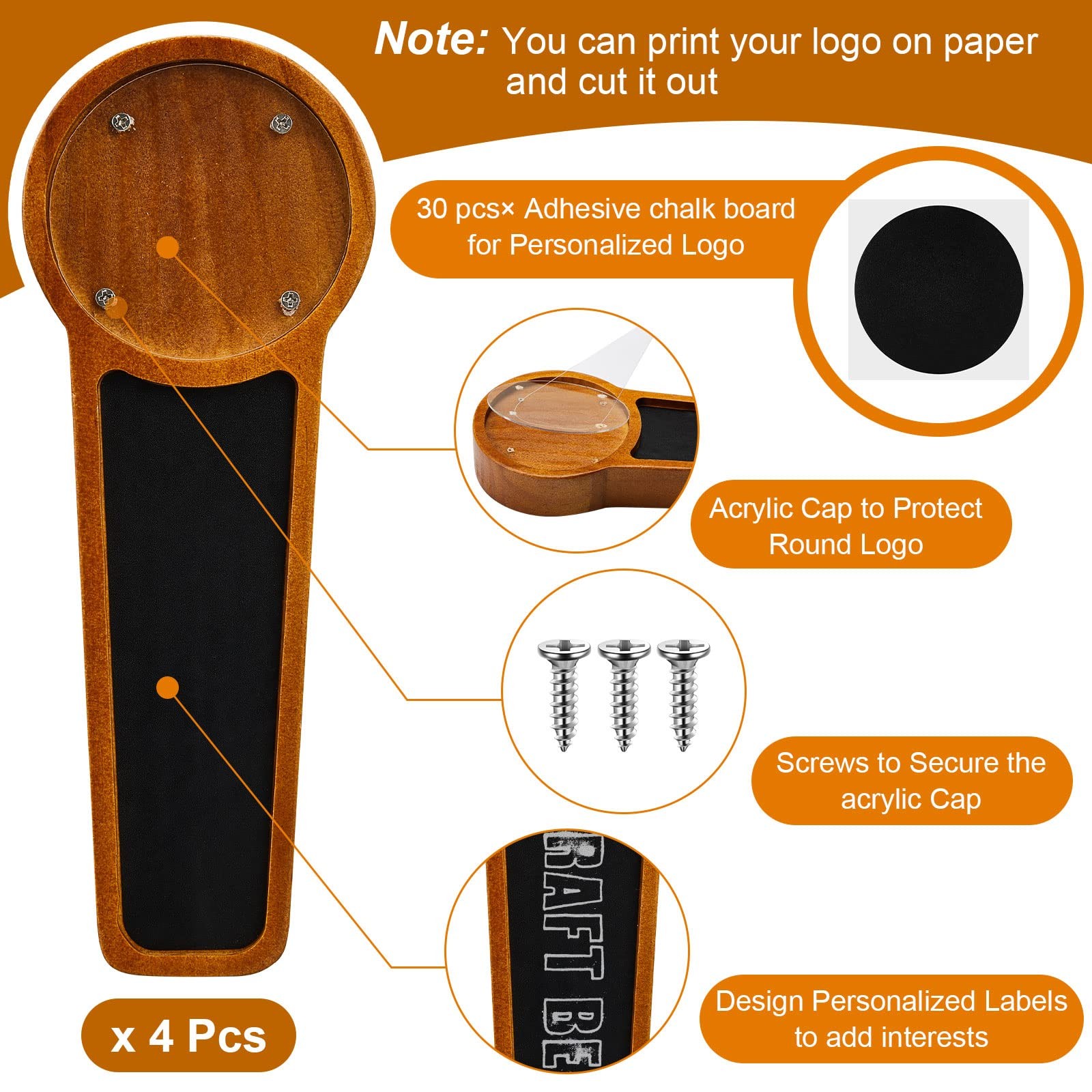4 Pcs Wooden Chalkboard Beer Tap Handle for as shown in pictures, Brown
