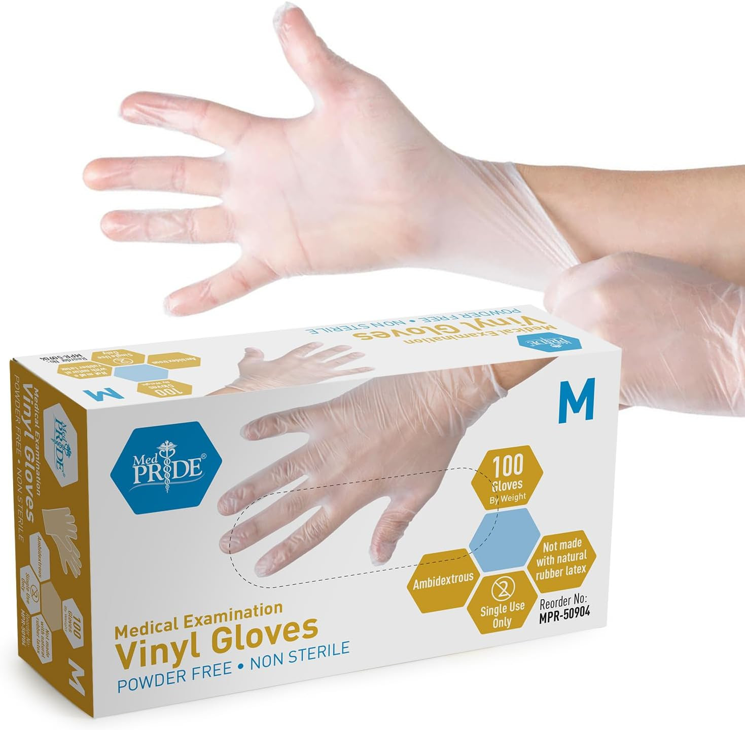 MED PRIDE Medical Vinyl Examination Gloves, Medium, 100-Count, Latex Free