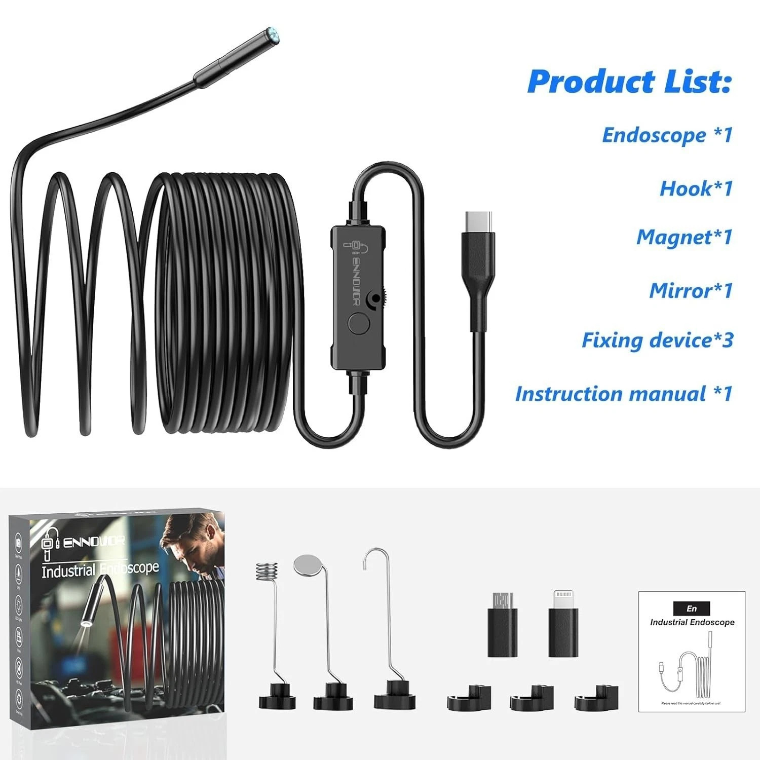 1920P 5M Endoscope Camera with Light,HD Borescope Camera for iOS Android, 8 LEDs