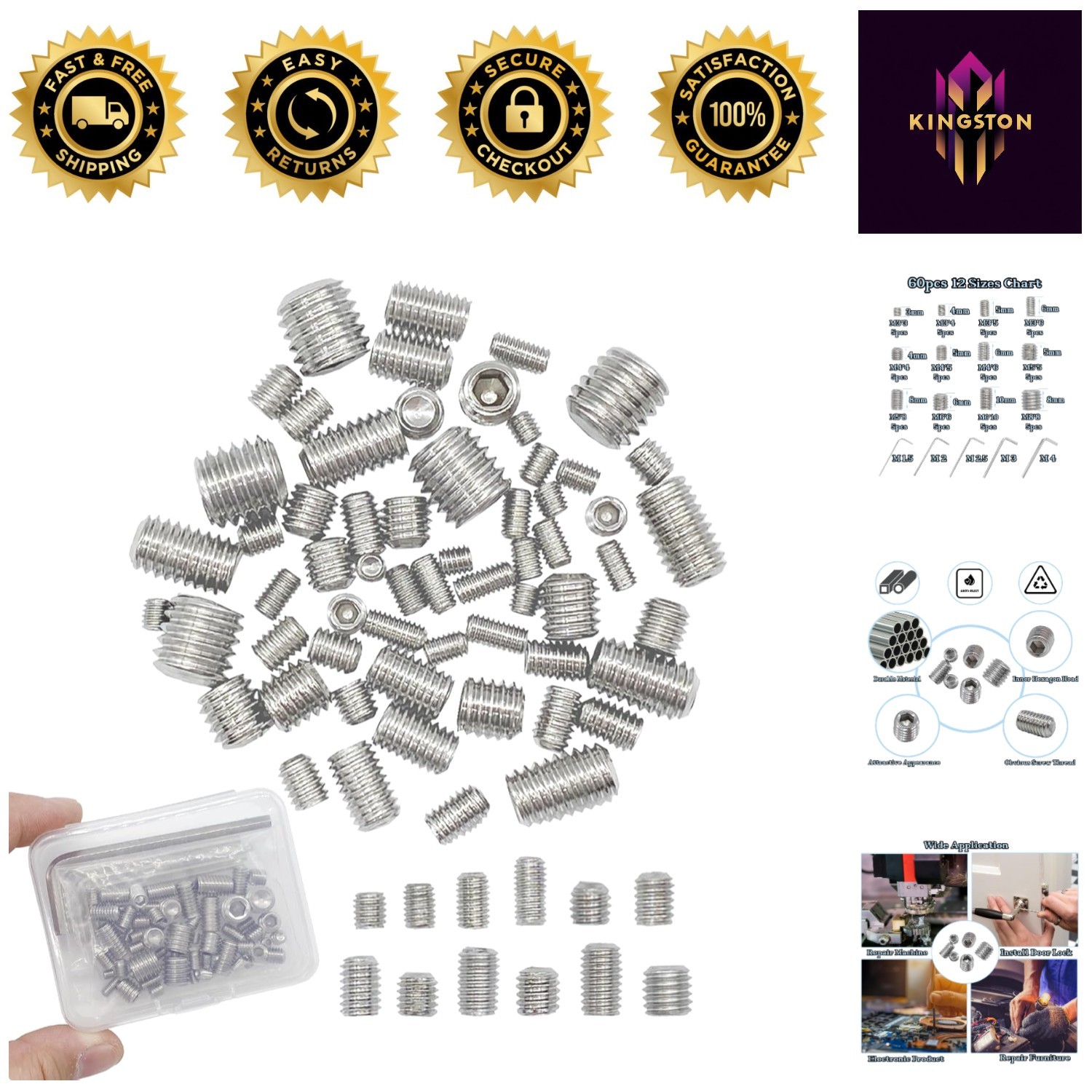 60pcs Grub & Set Screws – Ideal for Electronics, Furniture, and DIY Projects