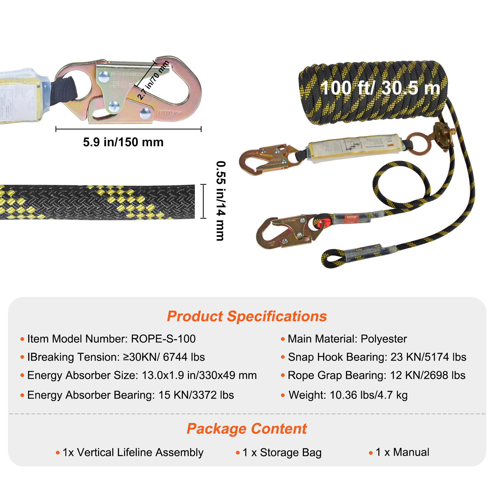 VEVOR Vertical Lifeline Assembly 100 ft Fall Protection Rope 30 KN ANSI Roofing