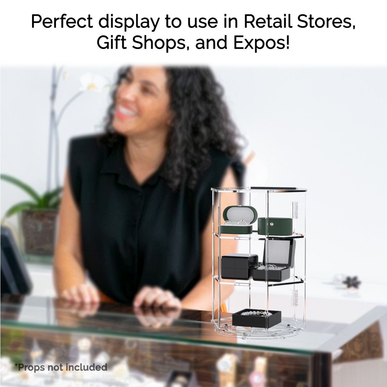 Spinning Acrylic Display Cabinet Clear Retail Locking Showcase with 2 Shelves