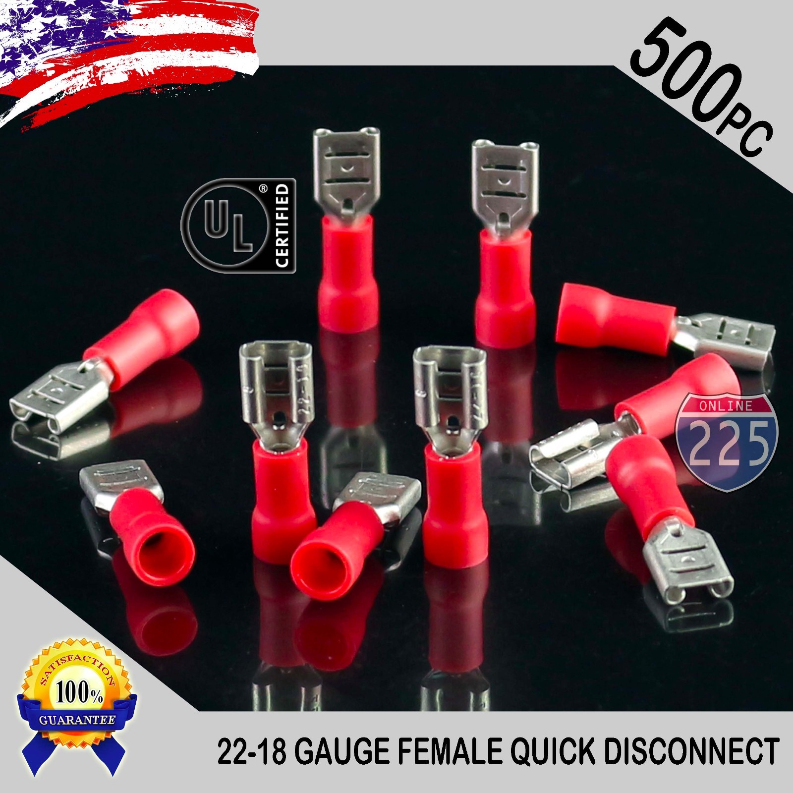500 Pack 22-18 Gauge Female Quick Disconnect Red Vinyl Crimp Terminals .187″ US