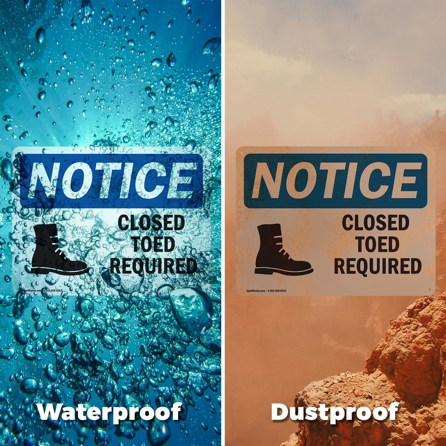 (2 Pack) Closed Toed Shoes Required OSHA Notice Sign Decal Metal Plastic