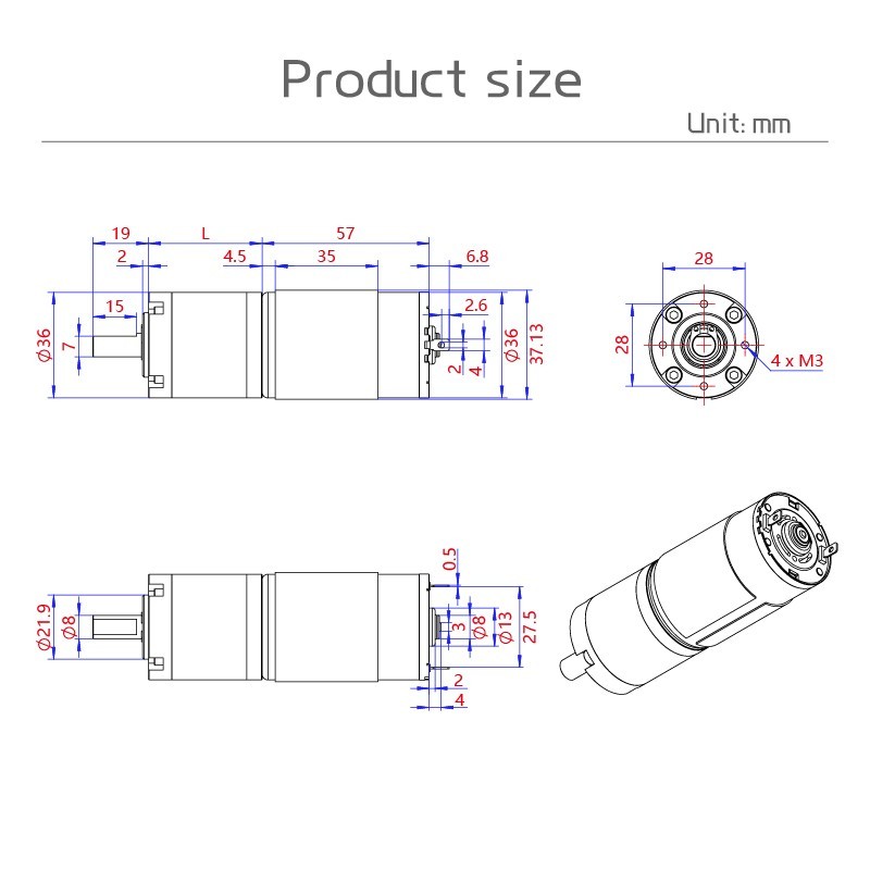 36GP-555 Planetary Micro Gear Motor 12V24V Ball Bearing Metal Shaft Diameter 8MM