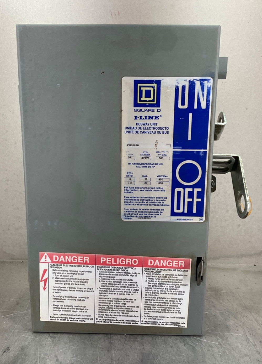 SQUARE D PQ3603G I-LINE BUSWAY FUSIBLE BUS PLUG SWITCH 30 A 3P3W 600V