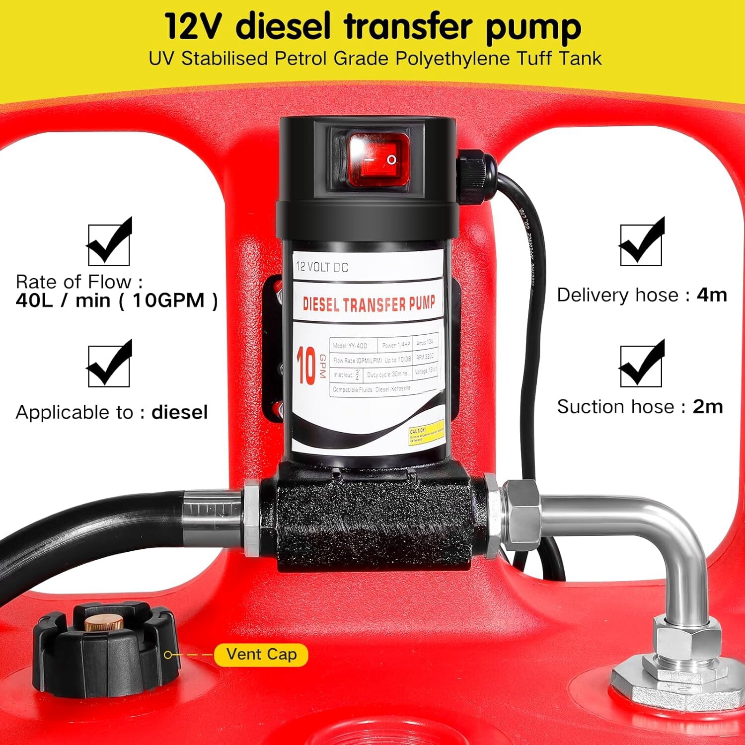 Red 32 Gallon Portable Fuel Tank 120L with 12V Diesel Pump 13ft Delivery Hose