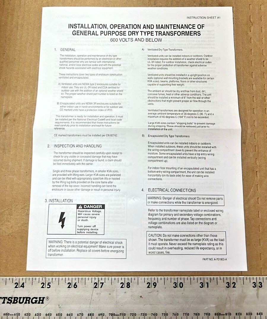 Acme EletricTransformer 3 Phases, 9KA, 60HZ, 208-240V, P/N A3009K031B