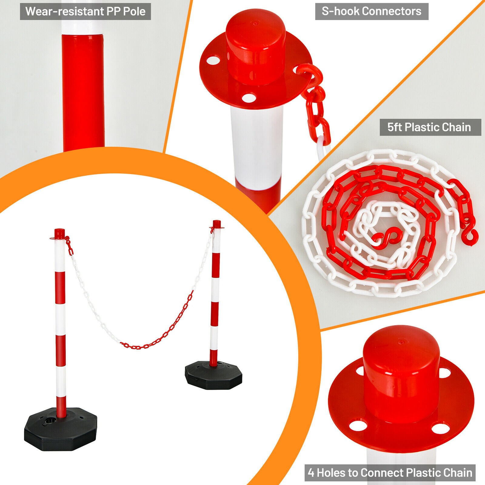 6PCS Traffic Delineator Pole Safety Caution Barrier w/ 5ft Link Chains White &