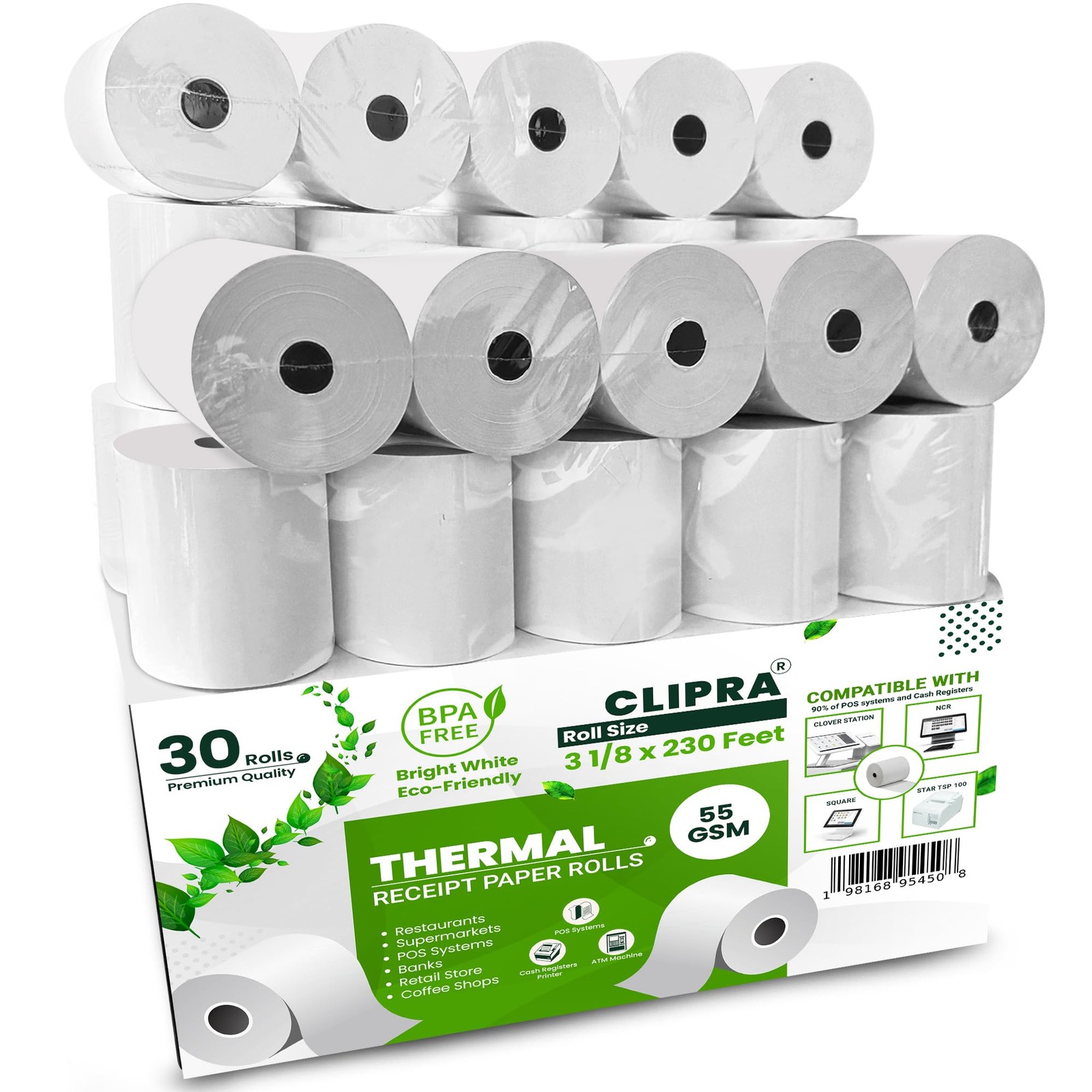 3 1/8 x 230ft Thermal Receipt Rolls (30 PACK) 55 GSM – with ALL POS Systems, …