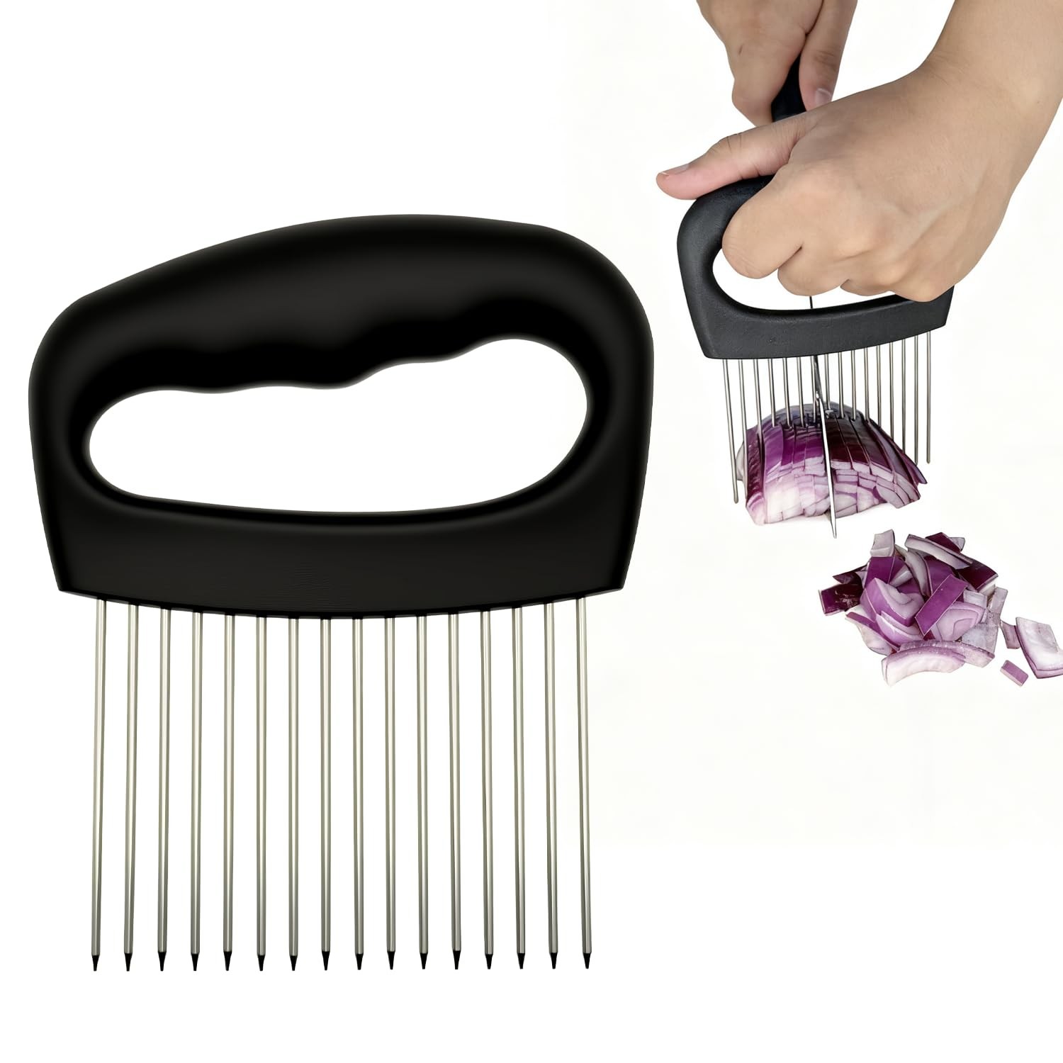 Wooyee Extra-Large Onion Holder for Slicing, Cutter 16 Needles, Black