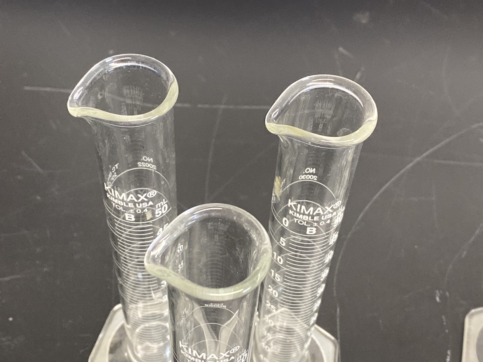 (6) Used KIMAX Glass Class B 50mL TD Single Scale Graduated Cylinder 20024-50