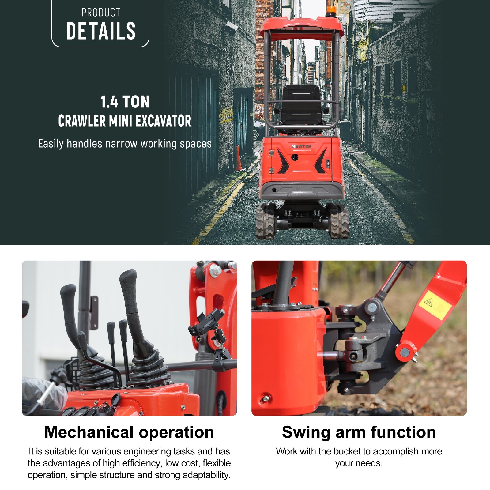 Mini Excavator 1 Ton 1.4Ton Digger 13.5hp Gas Tracked Crawler B&S EPA Engine.
