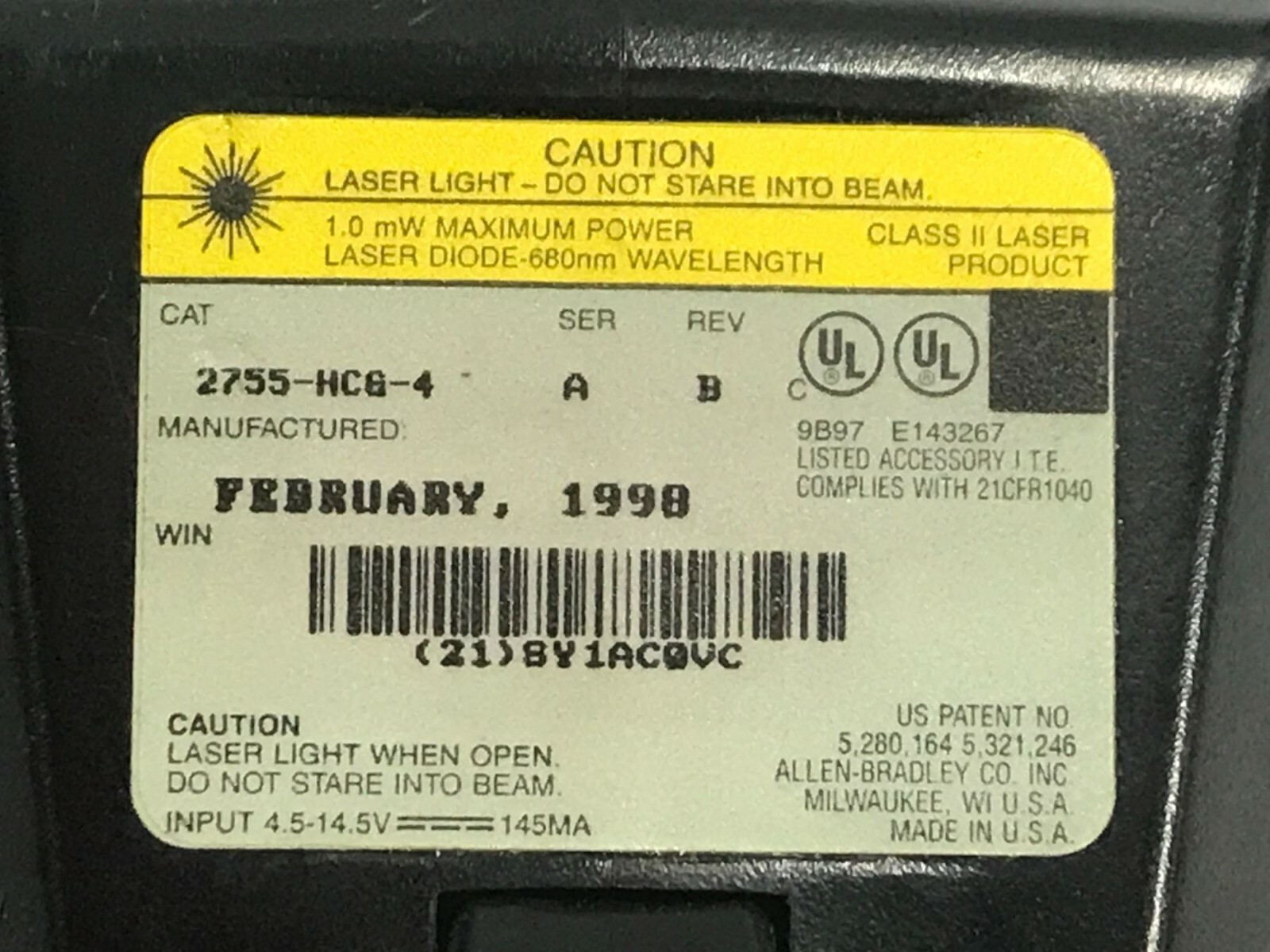 ALLEN BRADLEY 4.5-14.5V 145MA LASER SCANNER, #2755-HCG-4 w/Base #2755-HGC-B