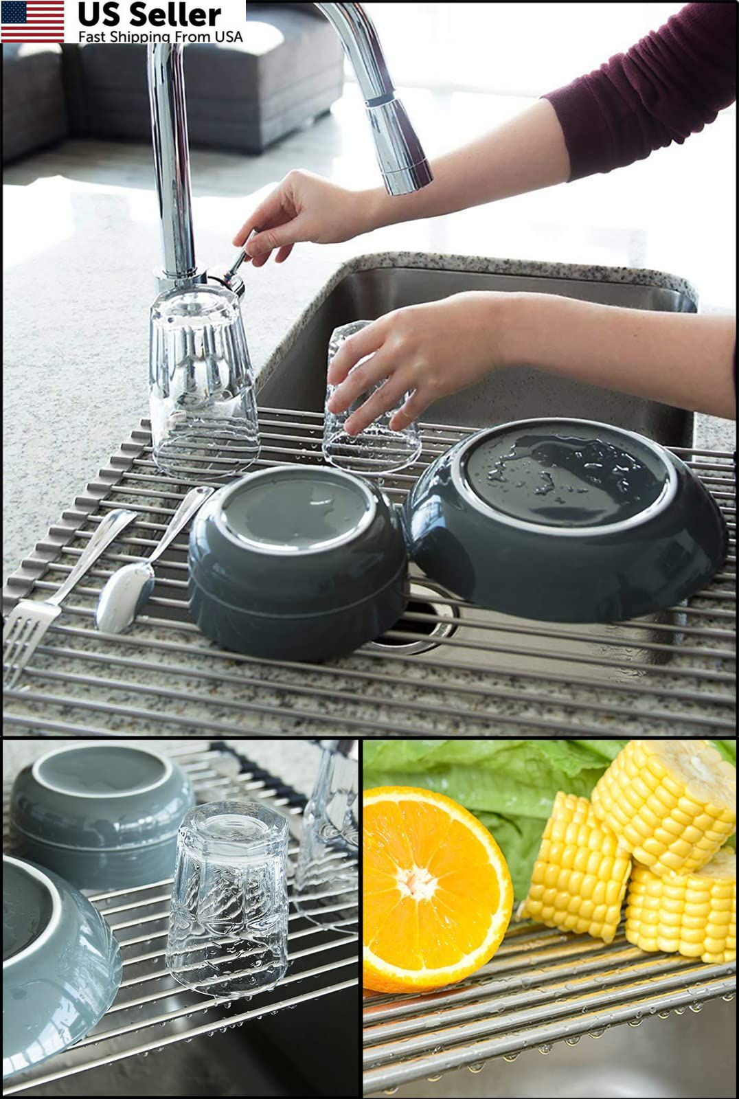 Tomorotec 17.7″ x 15.5″ Roll Up Dish Drying Rack Over 17.7 x 15.5 in, Gray