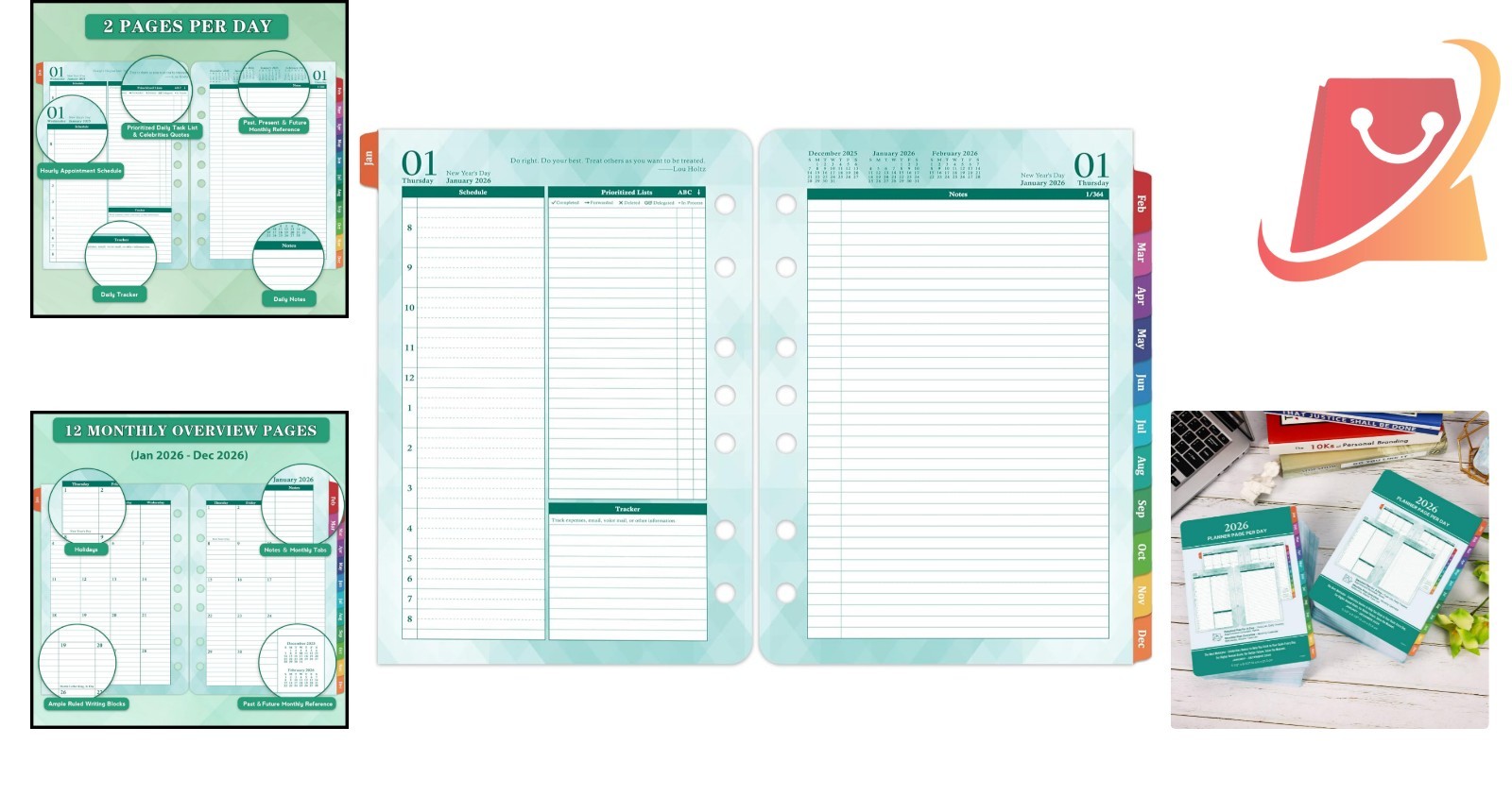 2026 Planner Refills Daily & Monthly Organizer 5.5×8.4 Green Tasks Quotes