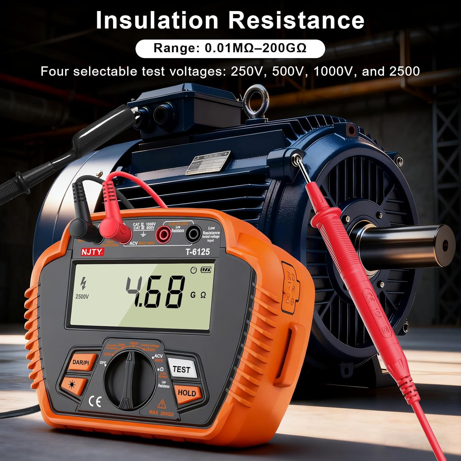T6125 Digital 2500V Insulation Tester with Backlit LCD & Data Hold