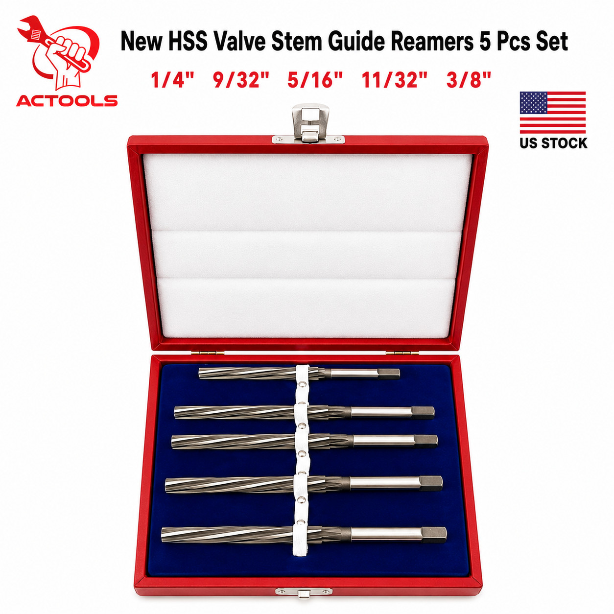 New HSS Valve Stem Guide Reamers Set of 5 Pcs 1/4″ 9/32″ 5/16″ 11/32″ 3/8″ USA