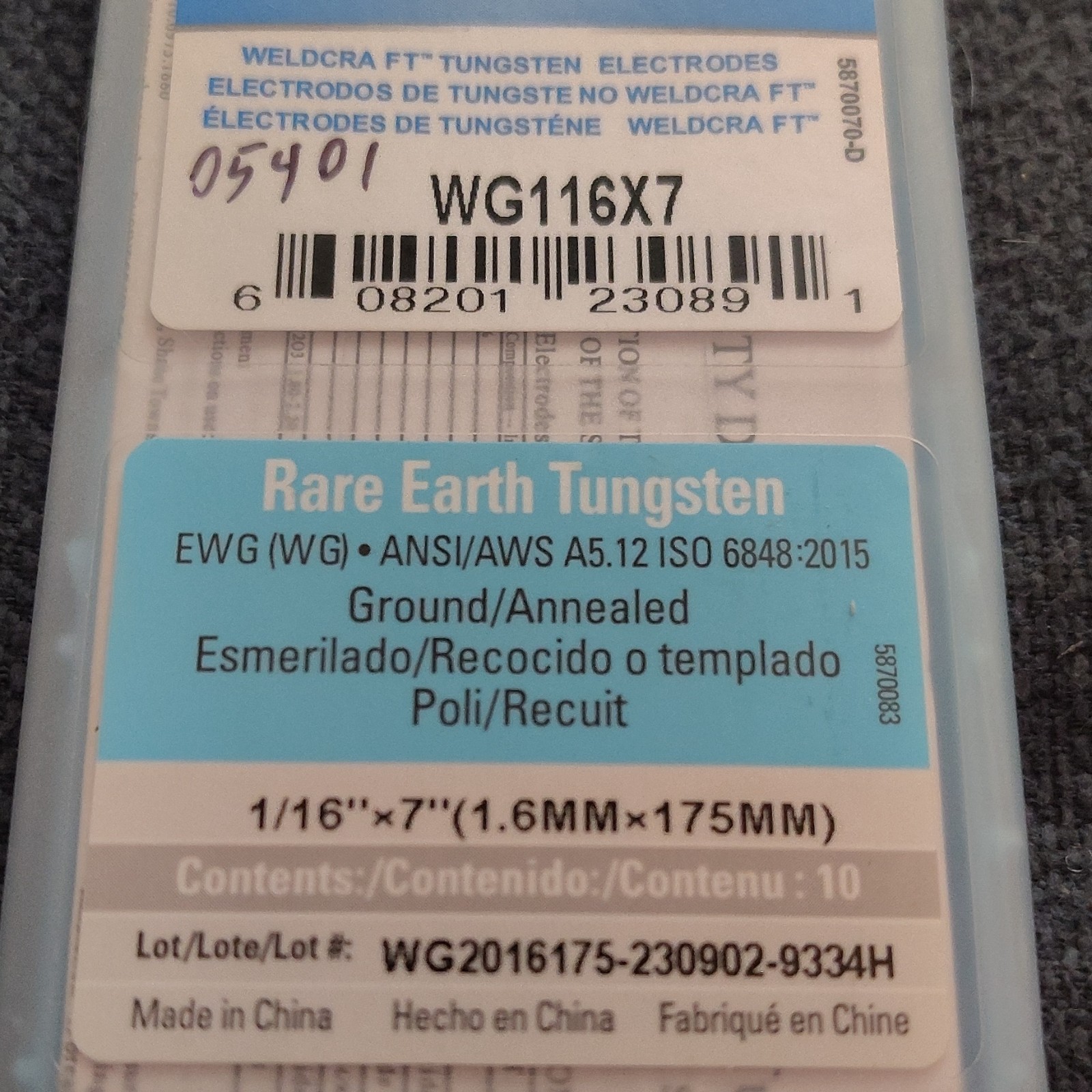 Miller Weldcraft FT Rare Earth EWG Tungsten Electrodes 1/16in x 7in WG116X7