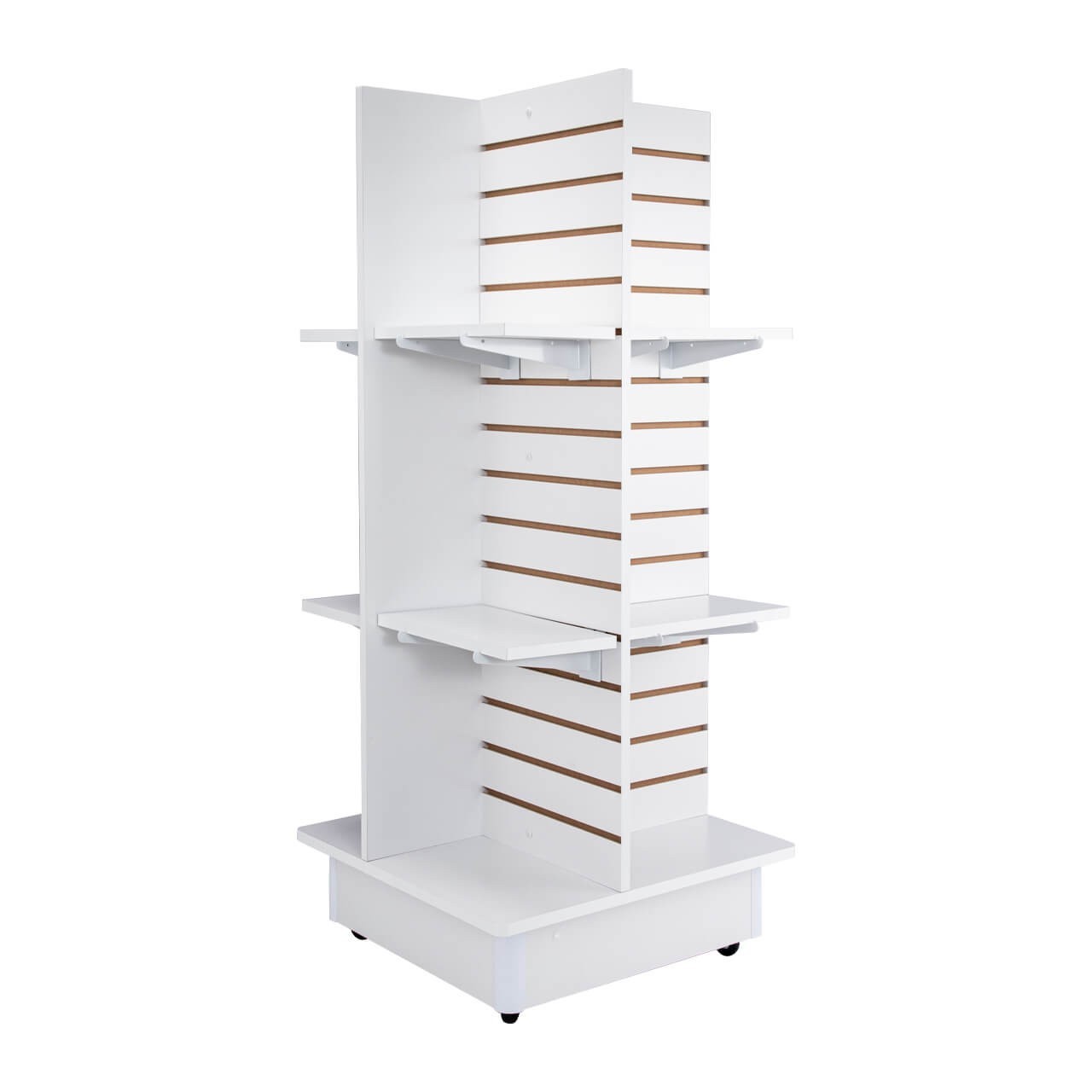 4 Panel White Slatwall Tower Casters and Shelves 23″ x 23″ x 54″
