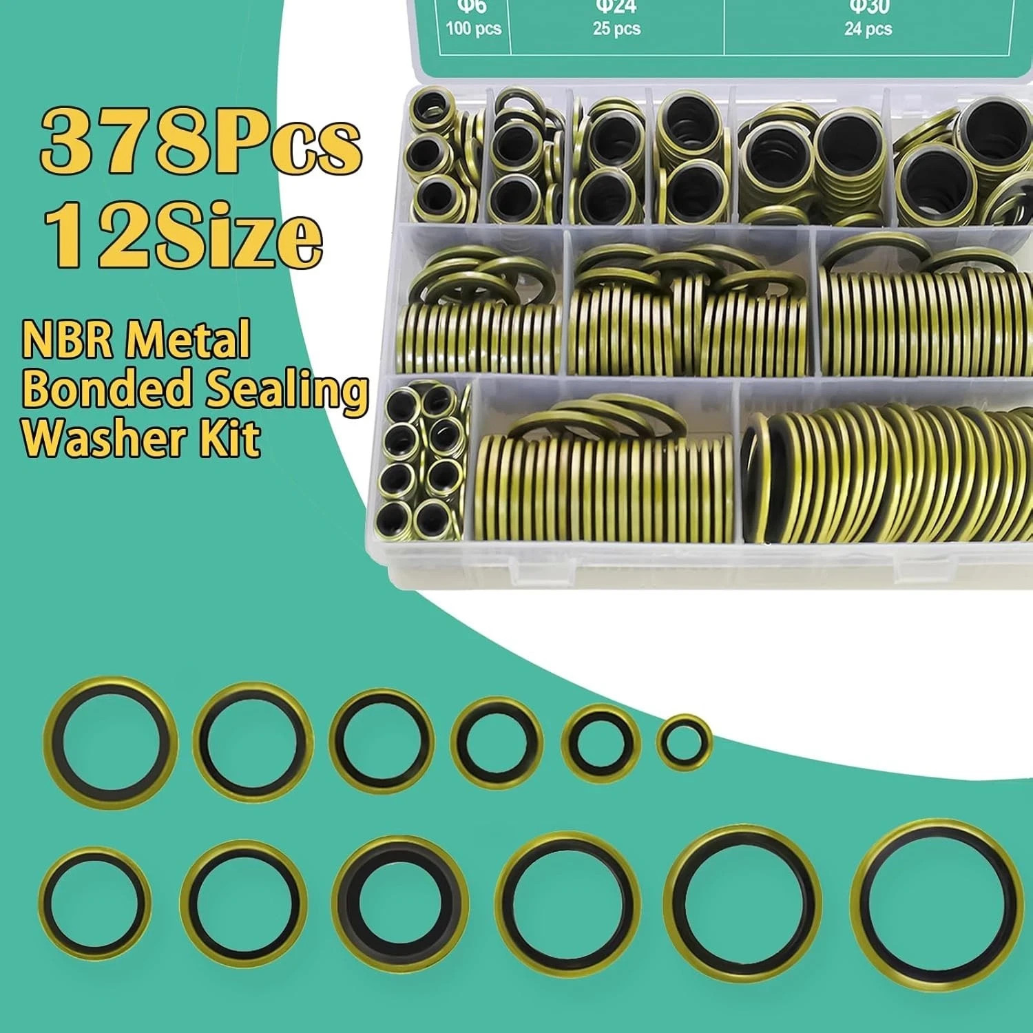 378 Pcs NBR Metal Bonded Sealing Washer Assortment Kit M6 M8 M10 M12 M14 M16 M18