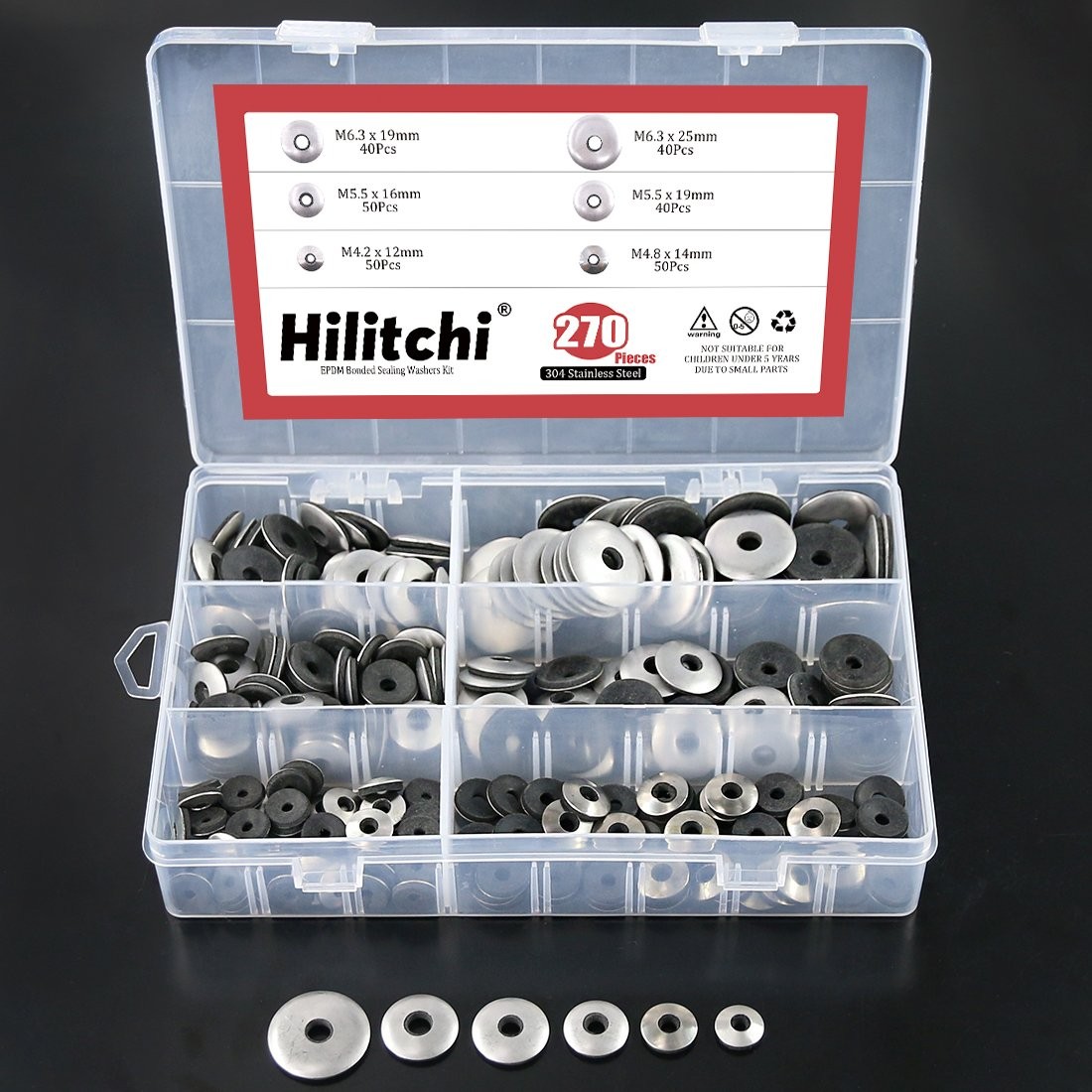 Hilitchi 270-Pcs #6#8#10#12 Stainless Steel Neoprene 4.2 millimeters, Silver