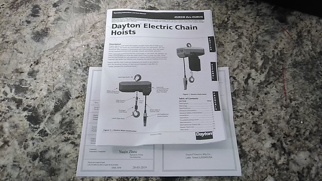 Dayton 452R54B 500 Lb Load Cap 20 Ft Hoist Lift 0.32 HP 115/230V Chain Hoist