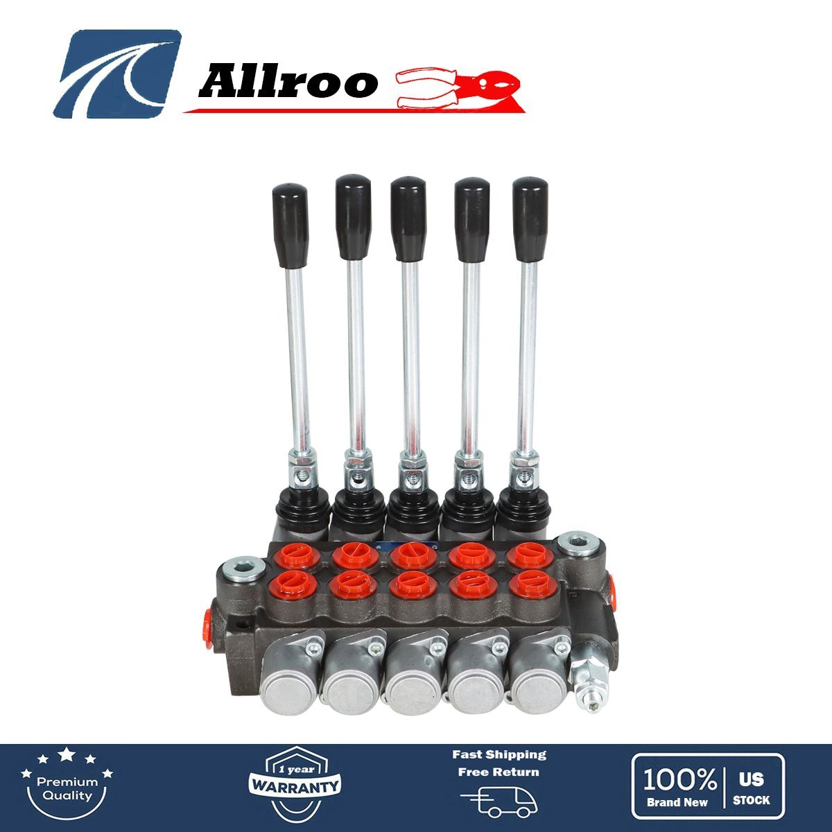 5 Spool 13 GPM 3600 PSI Hydraulic Control Valve Double Acting SAE Ports New