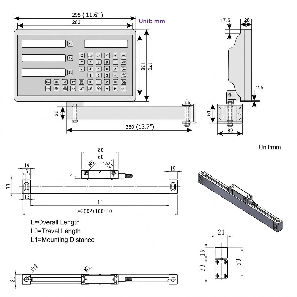 TOAUTO Linear Scales 5um+DRO Digital Readout 2/3 Axis Kit for Bridgeport Mill US