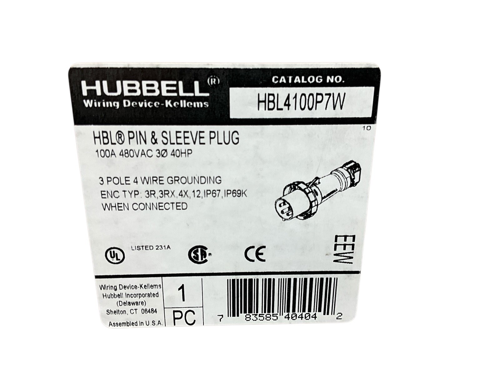 Hubbell Wiring Device-Kellems HBL4100P7W IEC- Pin And Sleeve Connector,100A,480V