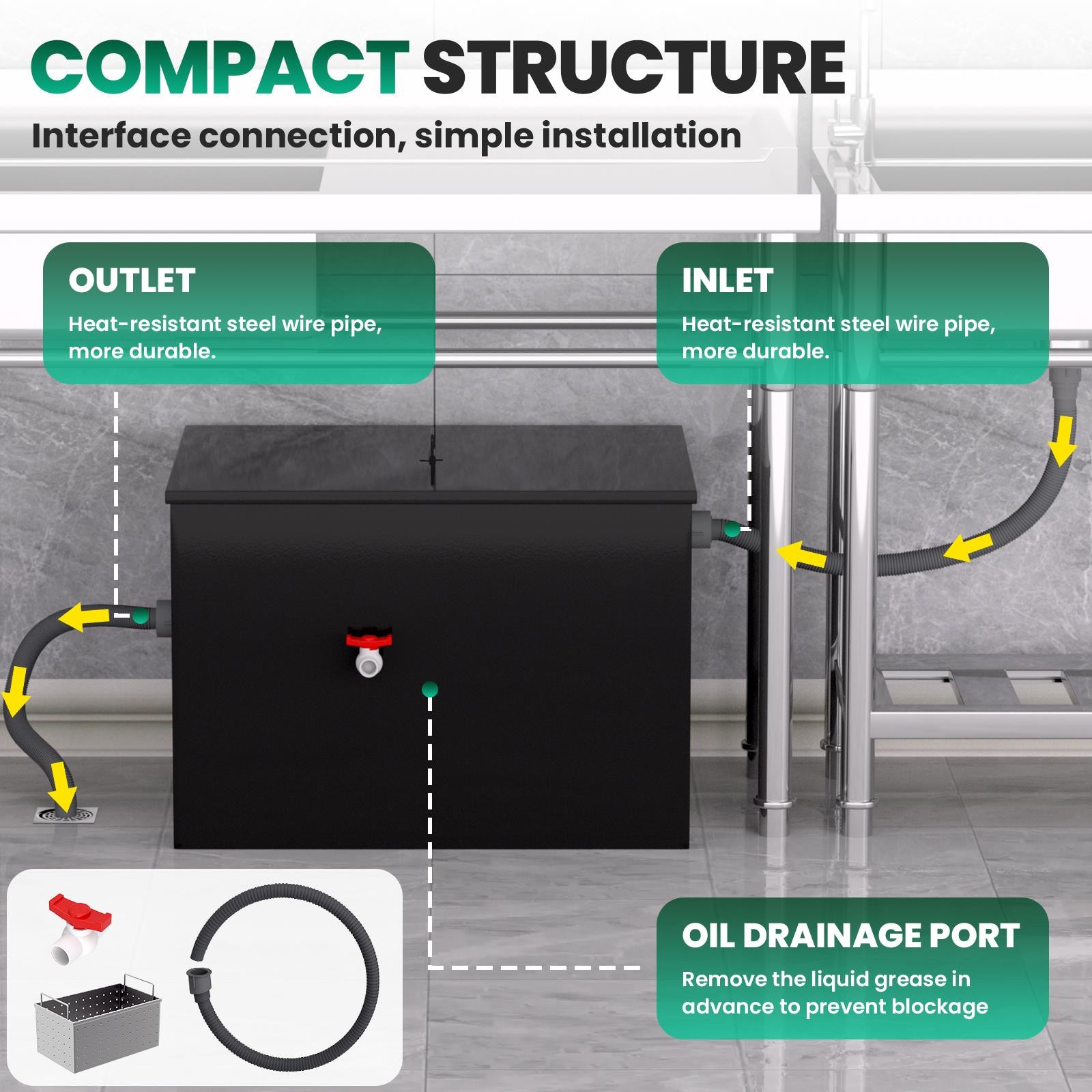 30LB Commercial Under Sink Grease Trap, 11.32 GPM, w/ Removable Mesh Filter