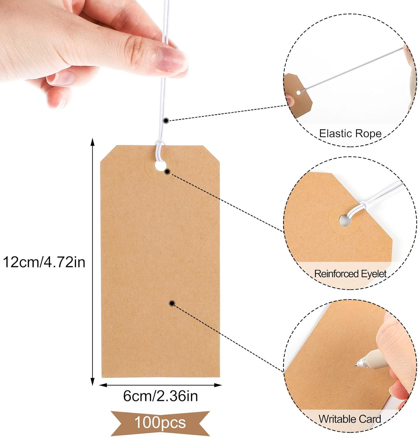 100pcs Brown Paper Shipping Tags with Elastic Rope Large Marking Hanging Paper T
