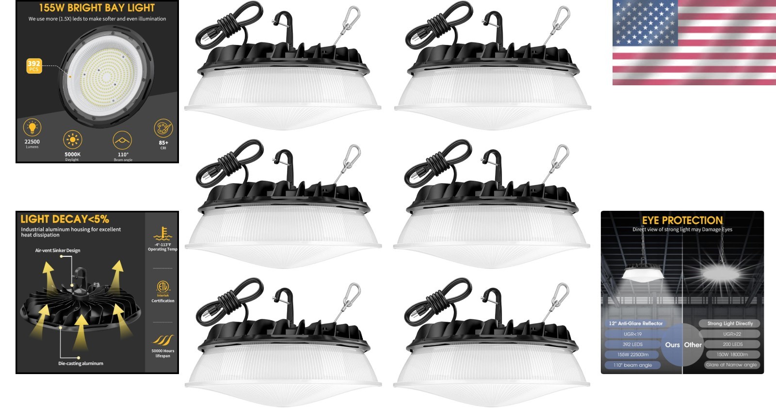 6 Pack Commercial 155W UFO LED High Bay Light, Super Bright 22,500lm, Waterproof