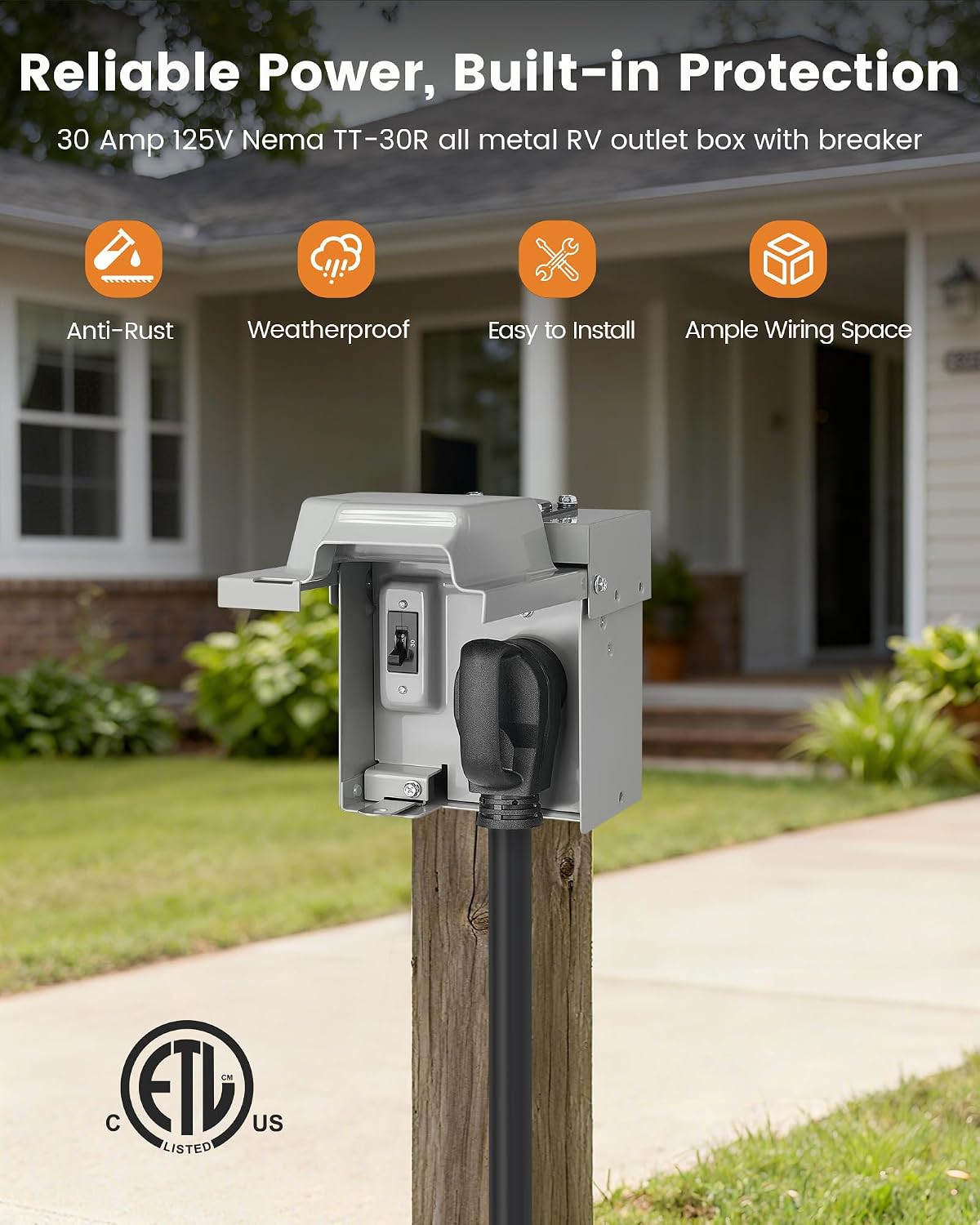 30 Amp RV Outlet Box with Breaker, 125V NEMA TT-30R, Weatherproof Power Box with