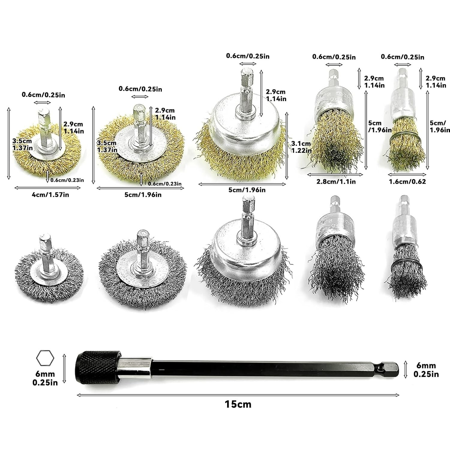 10pack Wire Wheel Cup Brush Set for Drill Abrasive with 1/4″ Hex Shank,Extn. Rod