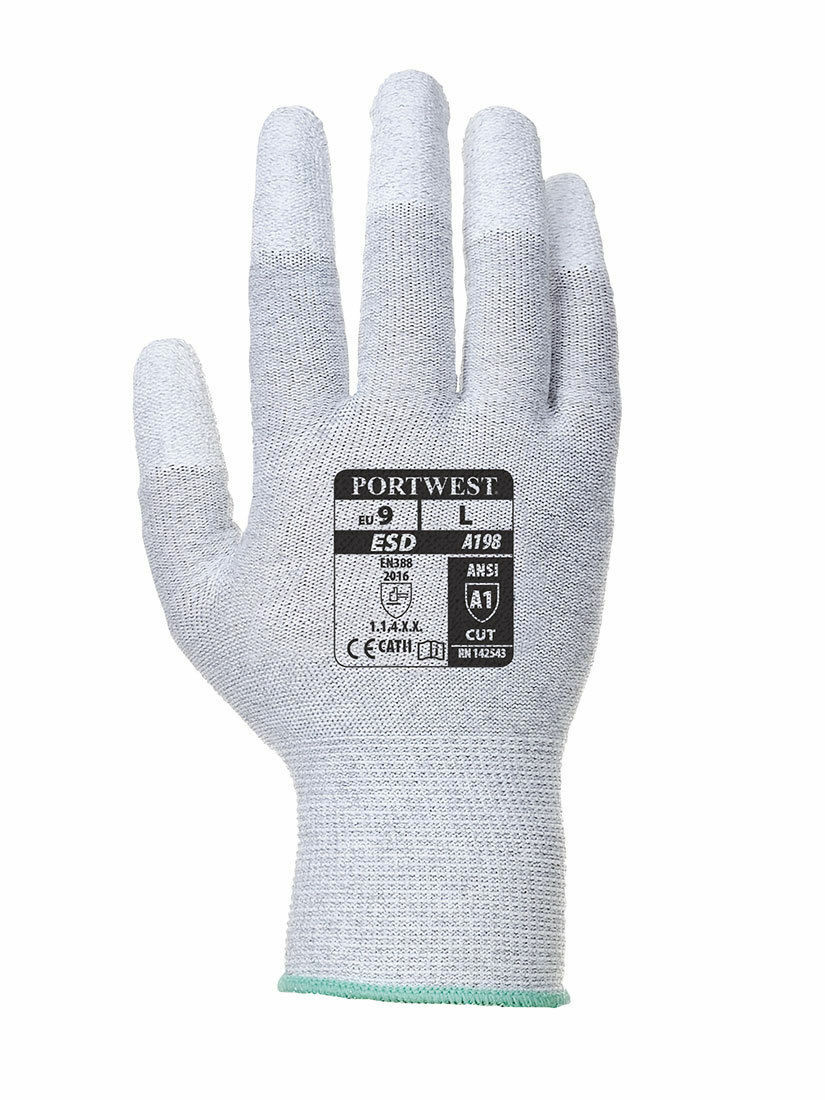 Portwest A198 Antistatic Safety Work Gloves PU Non Slip Fingertip Coating ANSI
