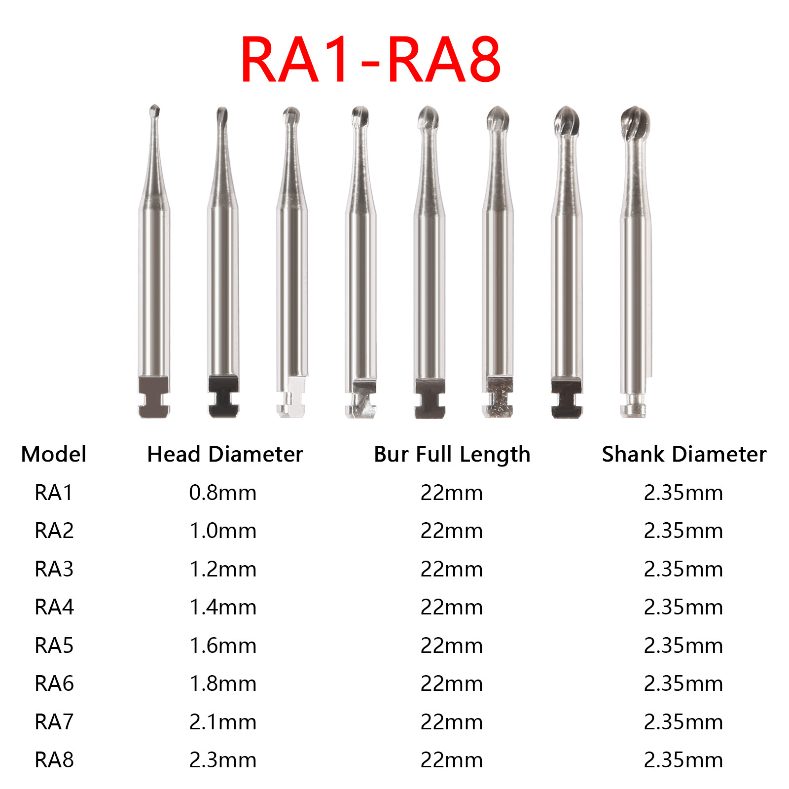 1-10 Dental Round Carbide Burs For Slow Speed Contra Angle Latch Type RA #1-8