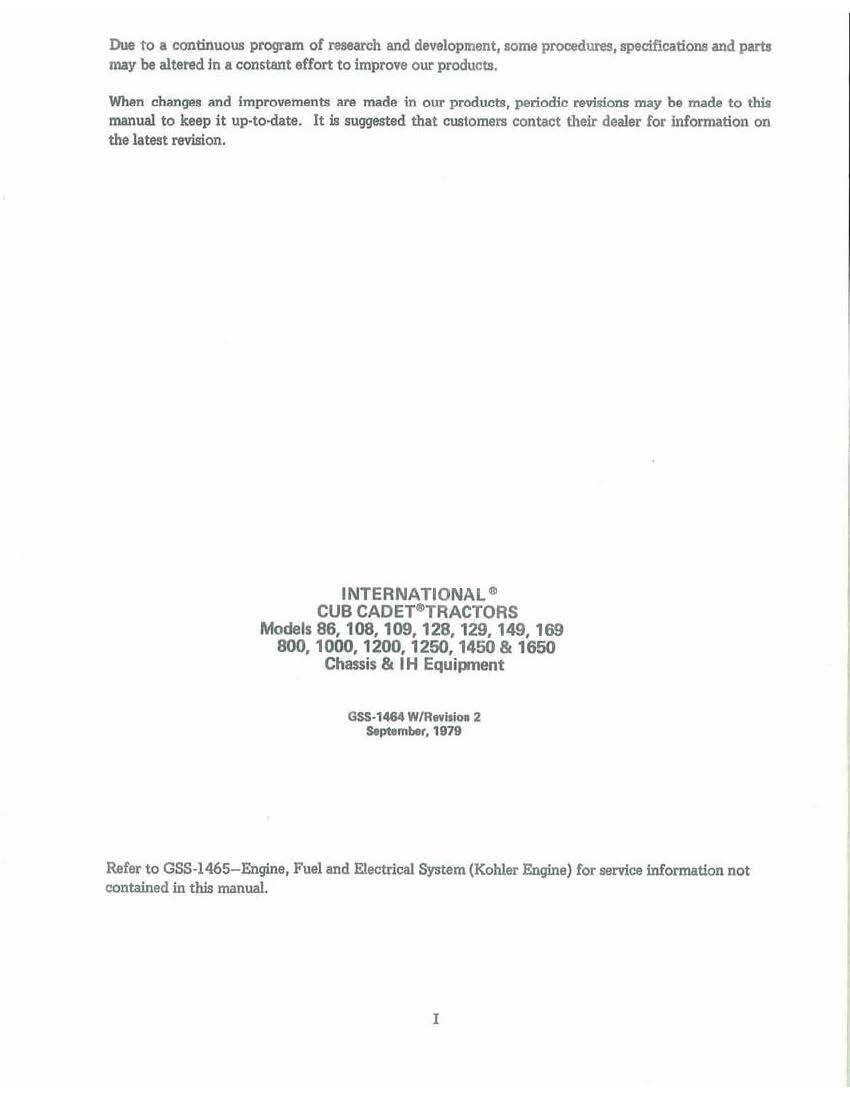 Service Manual 86,108,109,128,129,149,169,800,1000,1200,1250,1450,1650 Cub Cadet