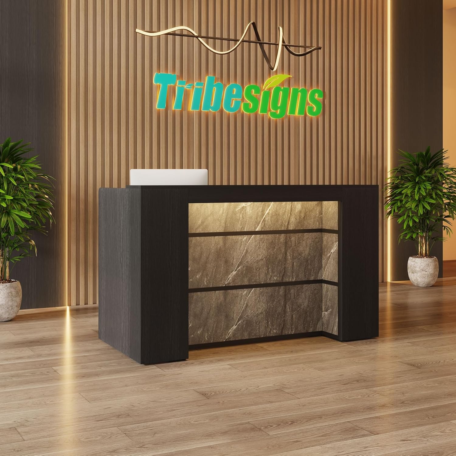 Reception Desk with LED Lights, 63-Inch Front Counter Desk for Checkout, Lobby