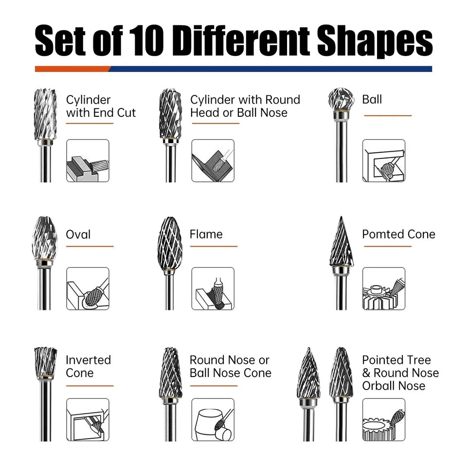 10PCS Carbide Burr Bits Set for Dremel 1/8 Rotary Tool Double Cut Grinding Metal