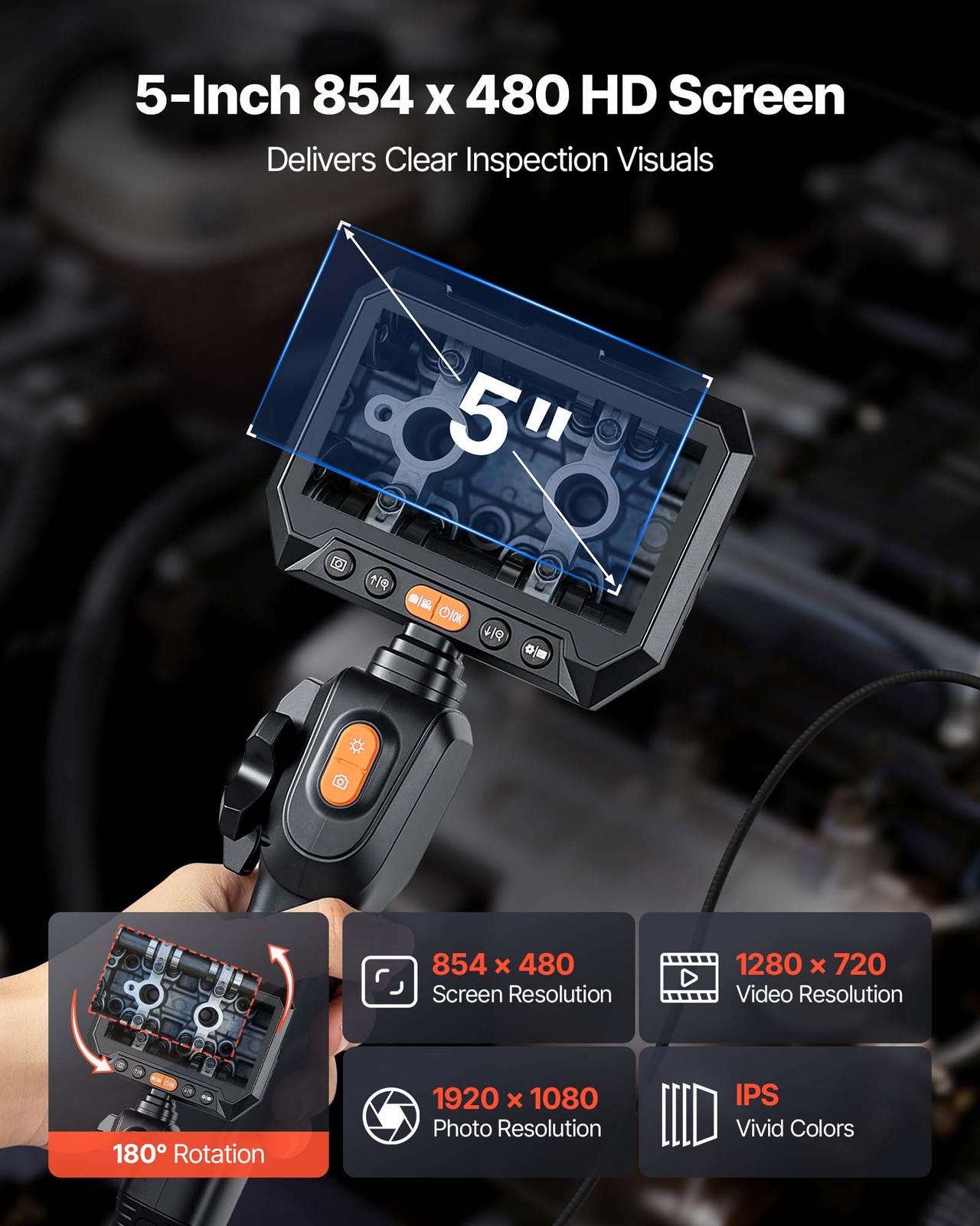 VEVOR 2-Way Articulating Borescope with 0.15″ Ultra Slim Lens 5″ Screen 8X Zoom