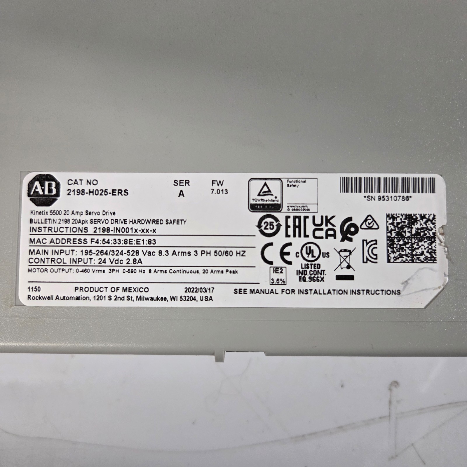 Allen-Bradley Kinetix 5500 Servo Drive 2198-H025-ERS