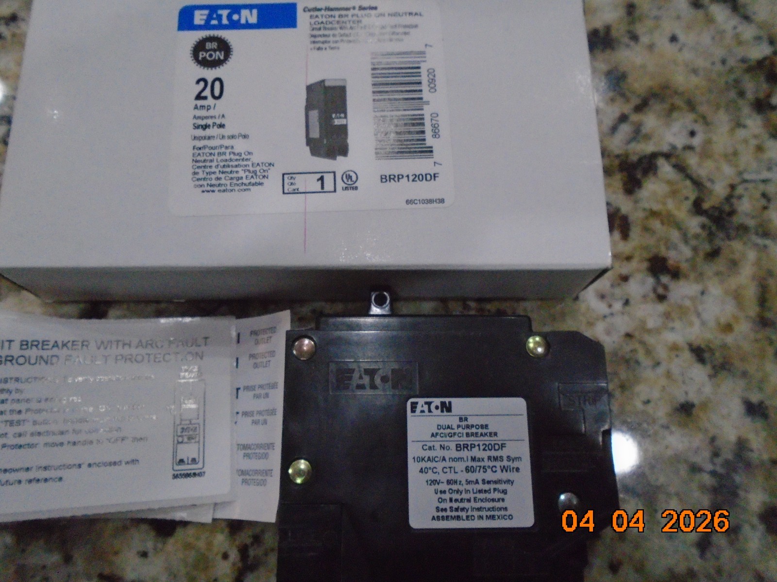 EATON BRP120DF 20AMP DUAL FUNCTION COMBINATION ARC FAULT & GROUND FAULT BREAKER
